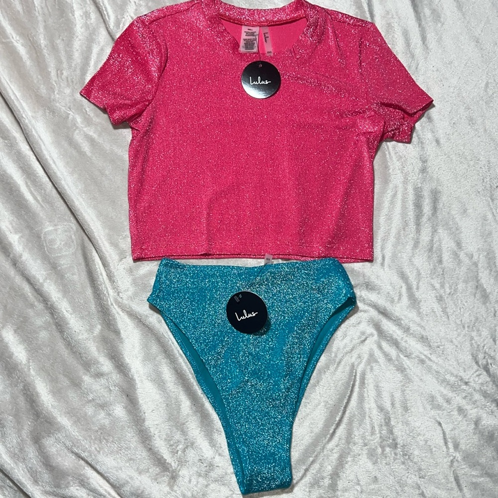 Lulu's Glittery Pink and Blue Bikini Set